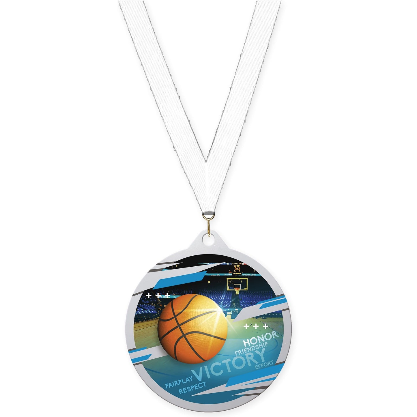2 3/4 inch basketball Inspire medal in silver with White neck ribbon