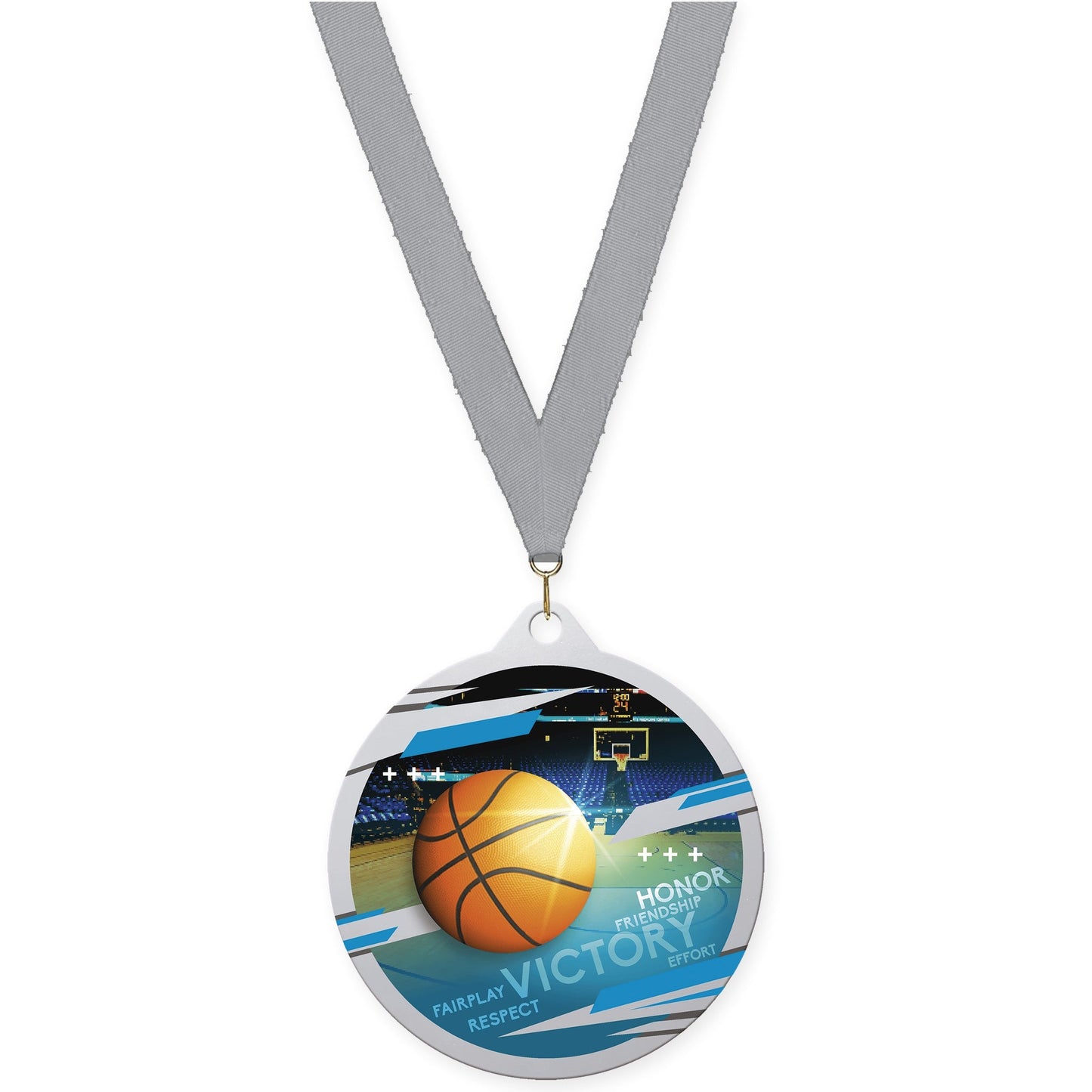 2 3/4 inch basketball Inspire medal in silver with Gray neck ribbon