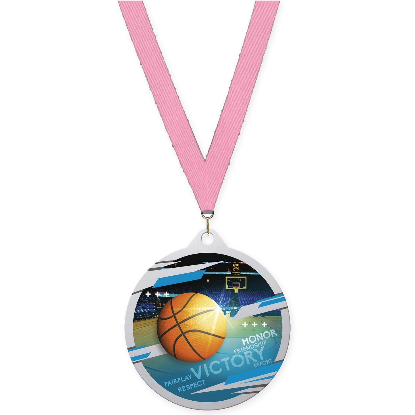2 3/4 inch basketball Inspire medal in silver with Pink neck ribbon
