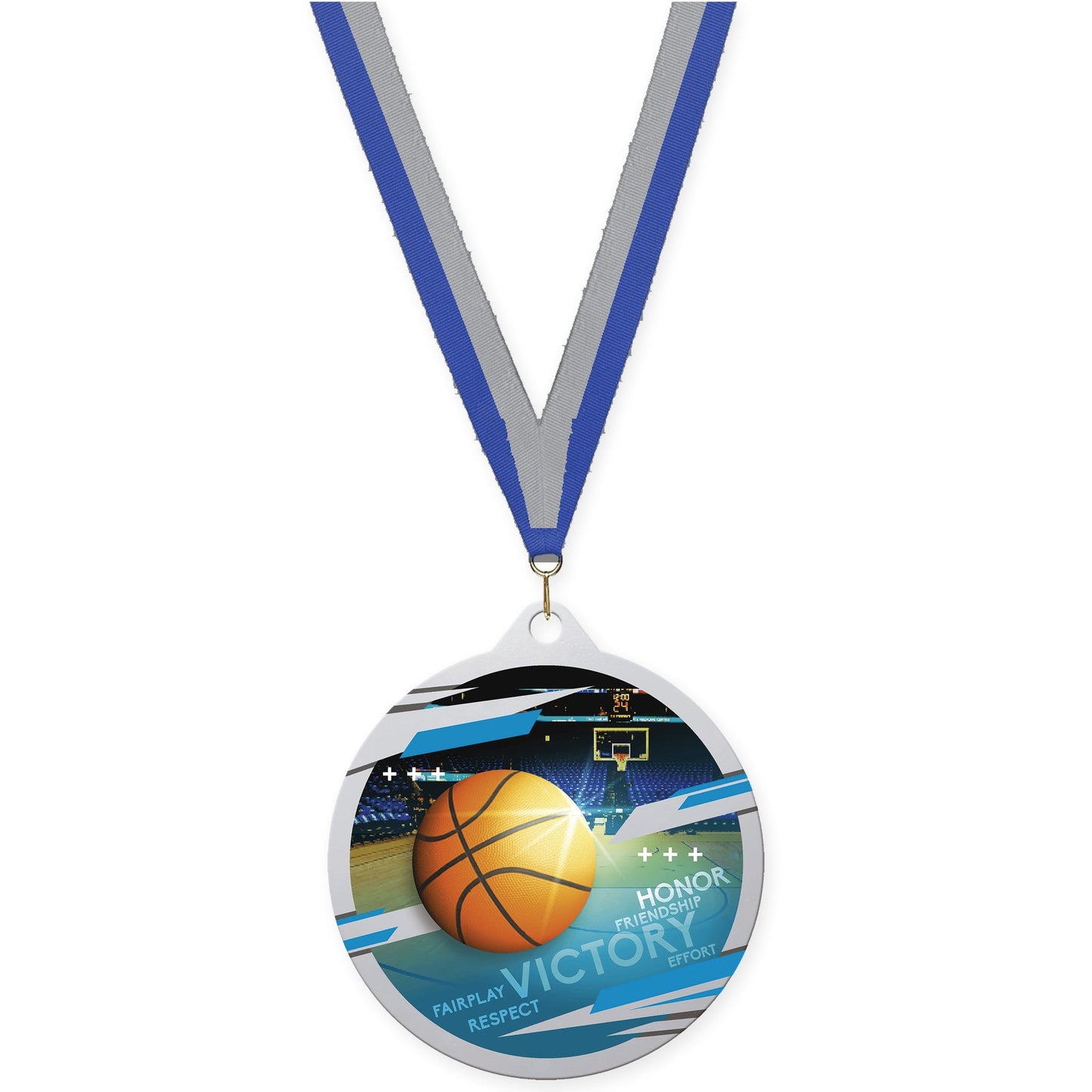 2 3/4 inch basketball Inspire medal in silver with Blue Gray neck ribbon