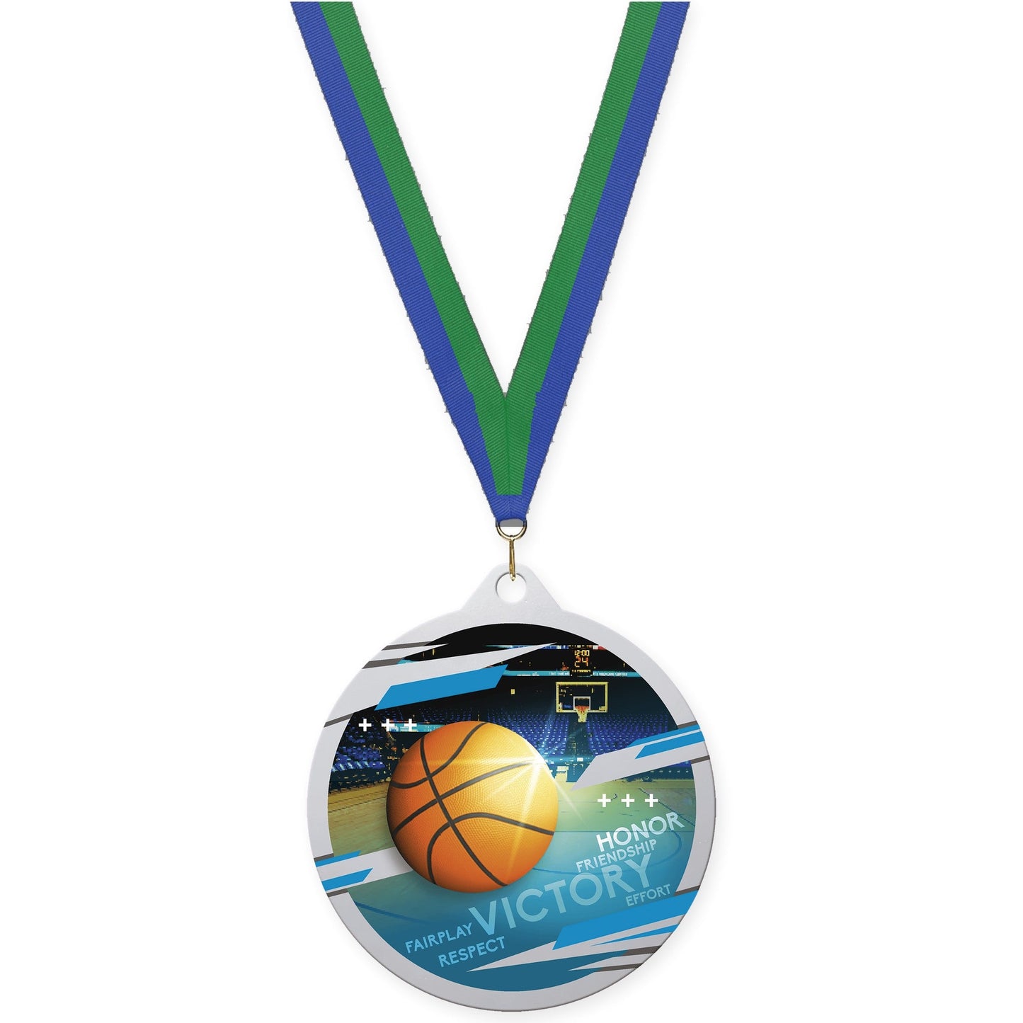 2 3/4 inch basketball Inspire medal in silver with Blue Green neck ribbon