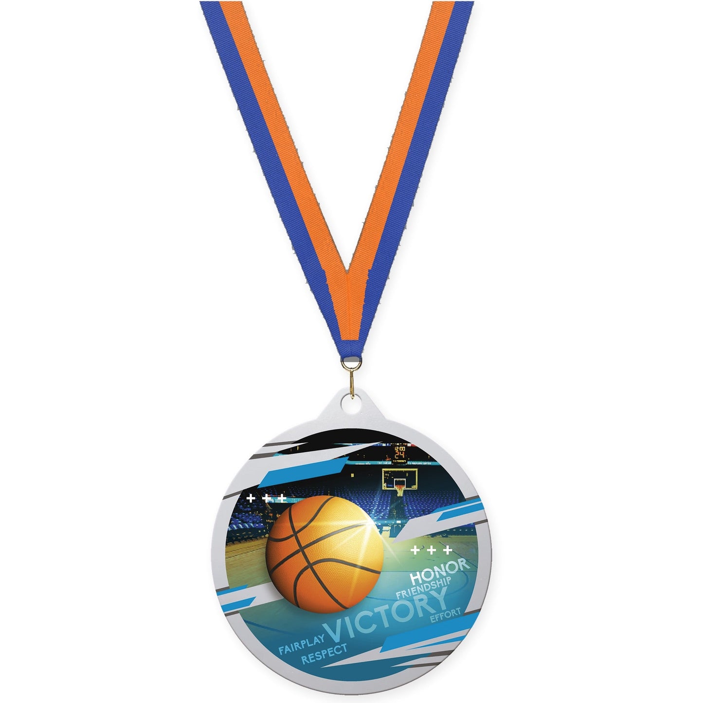 2 3/4 inch basketball Inspire medal in silver with Blue Orange neck ribbon
