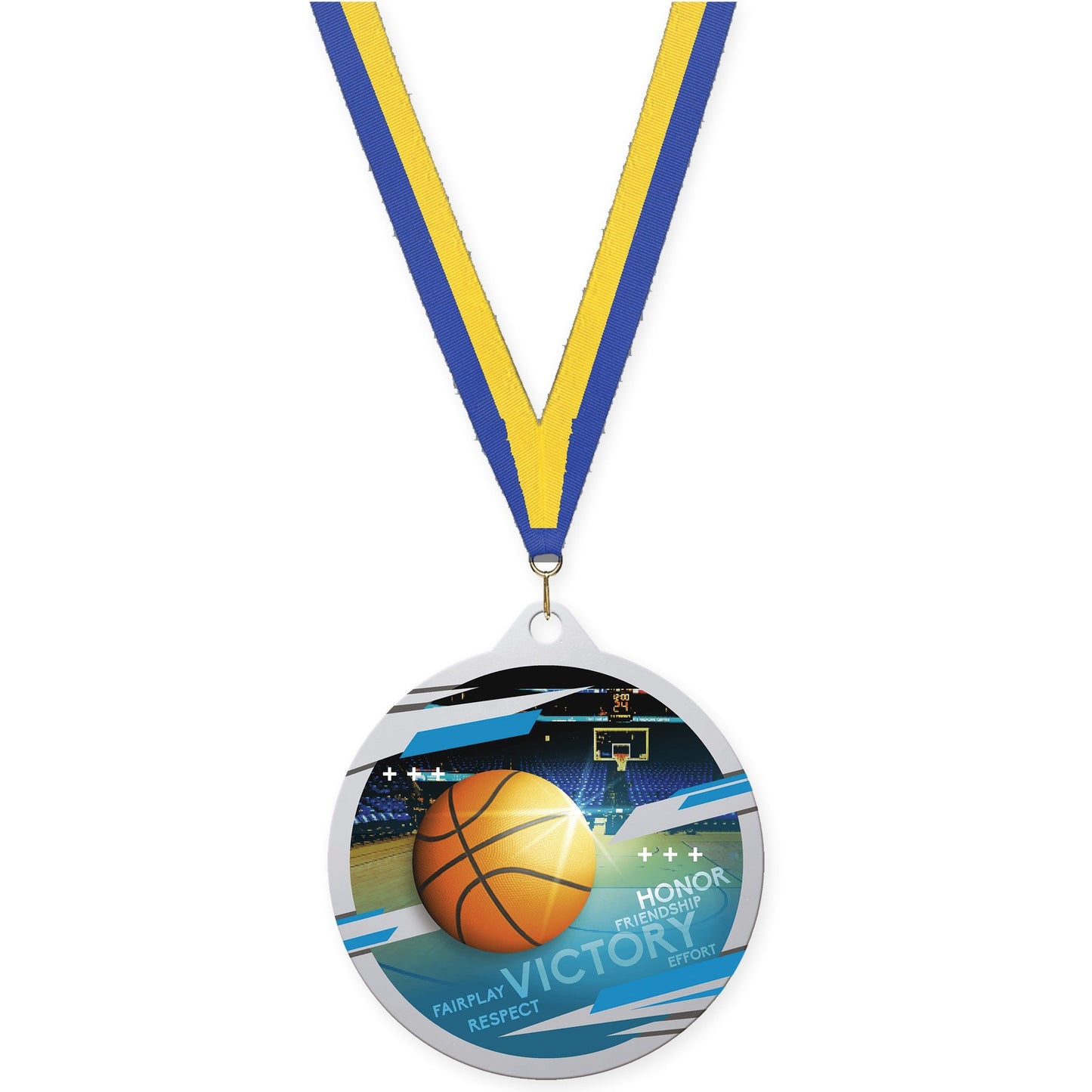 2 3/4 inch basketball Inspire medal in silver with Blue Yellow neck ribbon