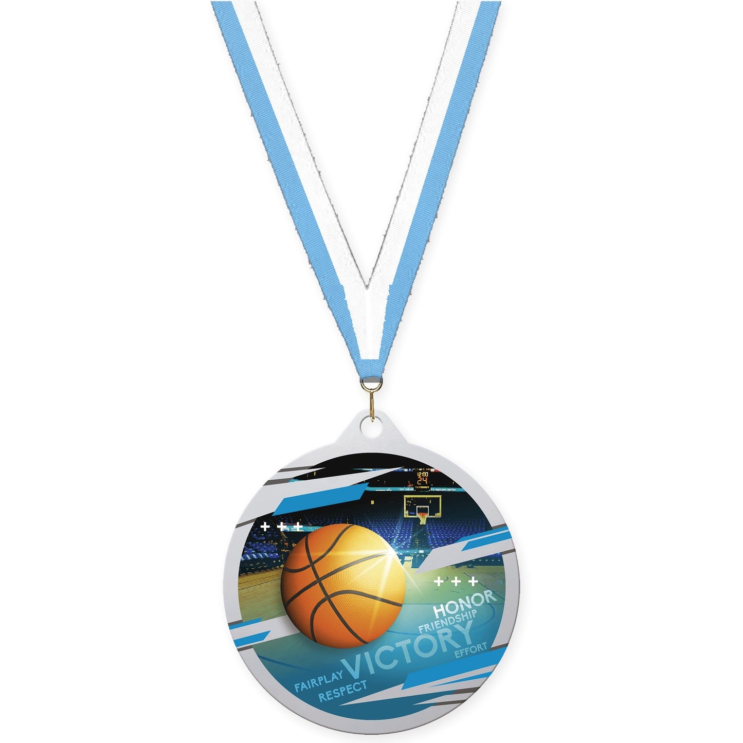 2 3/4 inch basketball Inspire medal in silver with Light Blue White neck ribbon