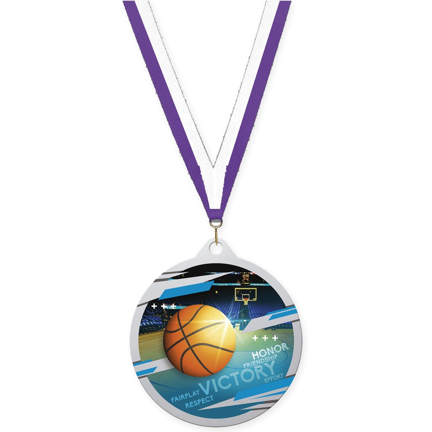 2 3/4 inch basketball Inspire medal in silver with Purple White neck ribbon