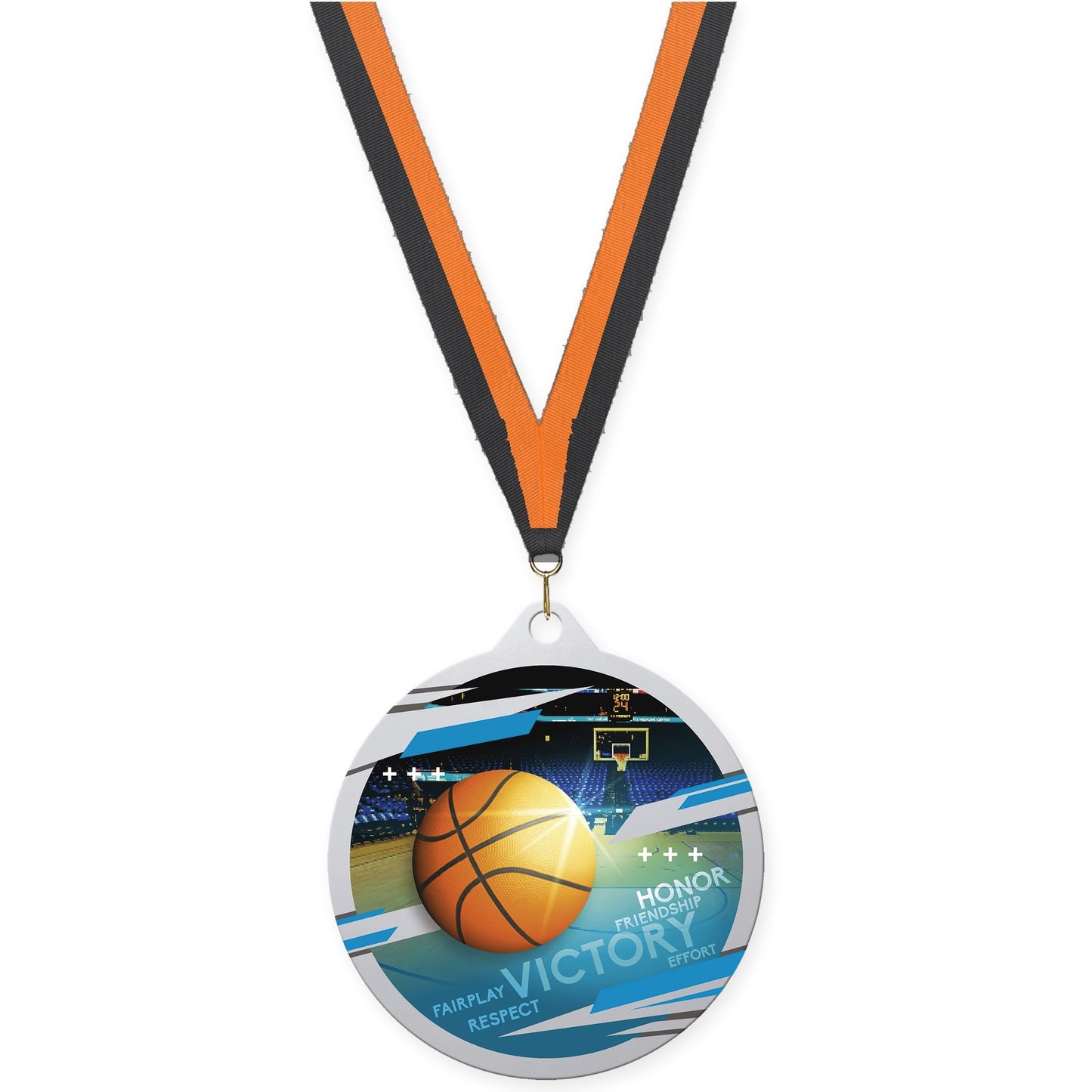 2 3/4 inch basketball Inspire medal in silver with Black Orange neck ribbon