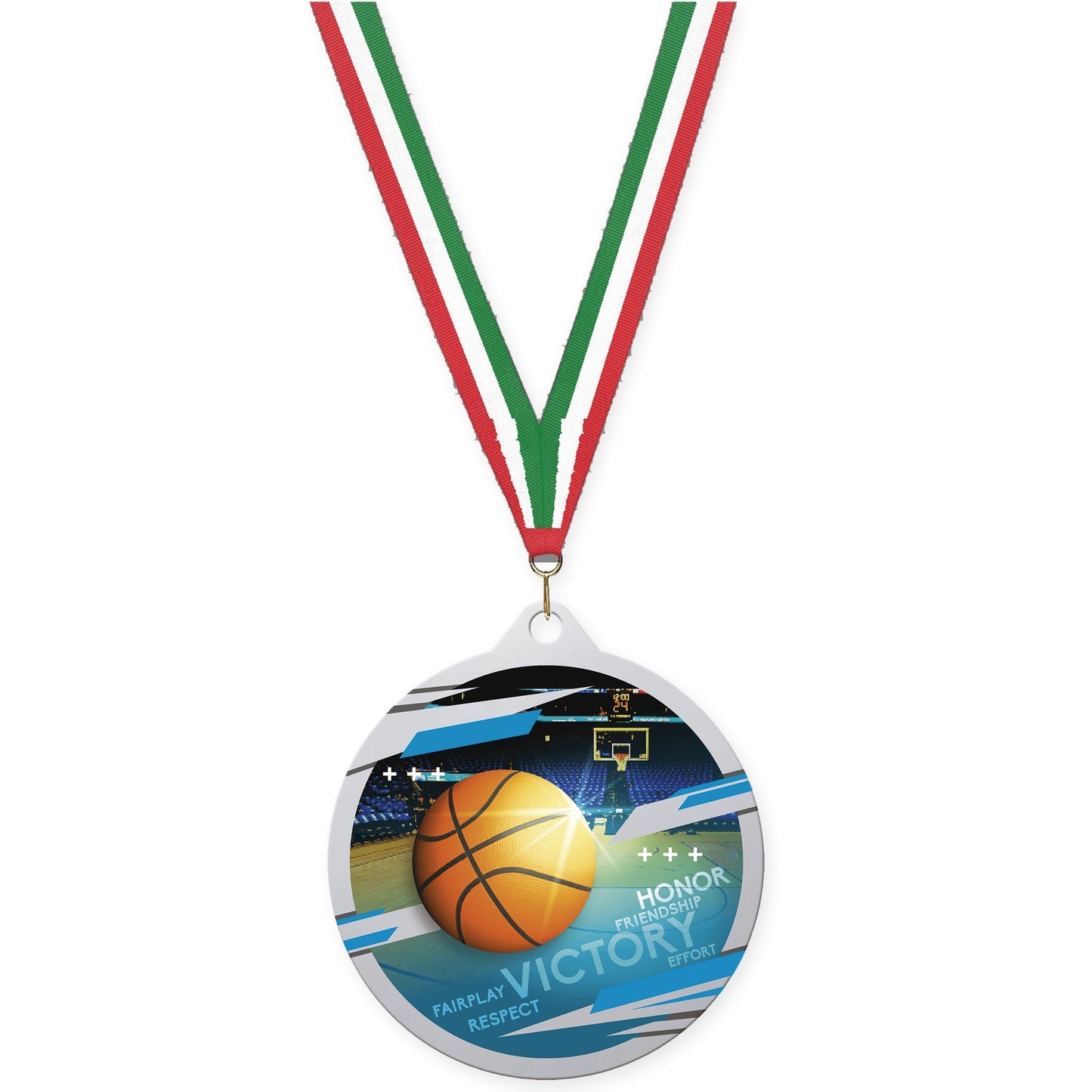 2 3/4 inch basketball Inspire medal in silver with Red White Green neck ribbon