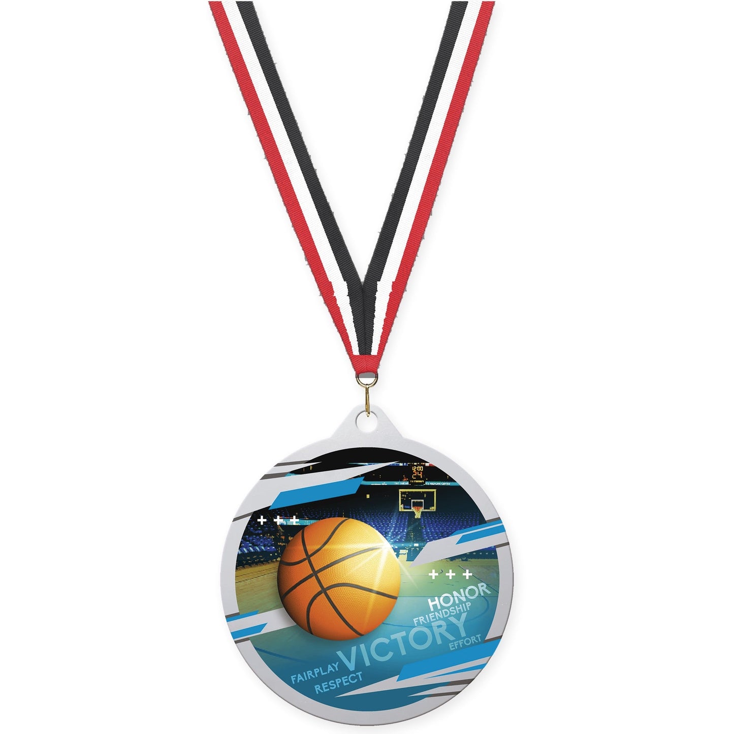 2 3/4 inch basketball Inspire medal in silver with Red White Black neck ribbon