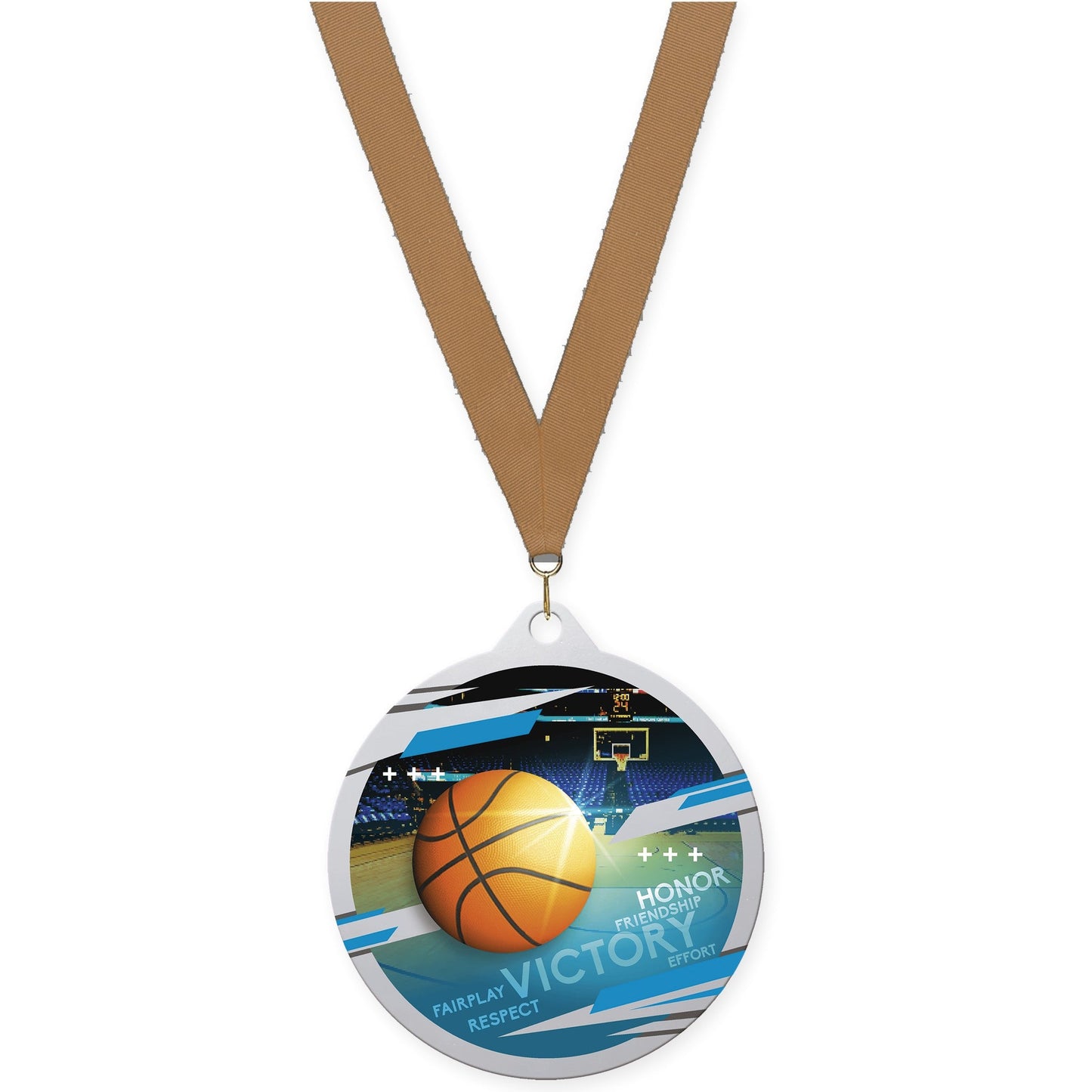 2 3/4 inch basketball Inspire medal in silver with Bronze Metallic neck ribbon