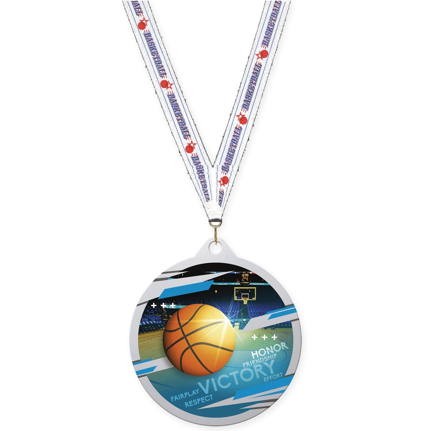2 3/4 inch basketball Inspire medal in silver with Basketball neck ribbon