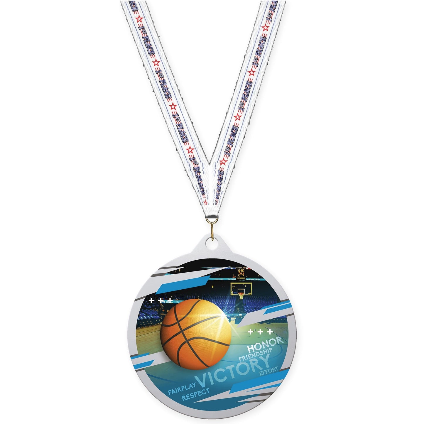 2 3/4 inch basketball Inspire medal in silver with 1st Place neck ribbon