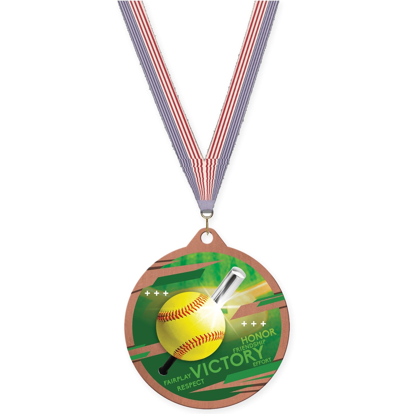 2 3/4 inch softball Inspire medal in bronze with USA Flag neck ribbon