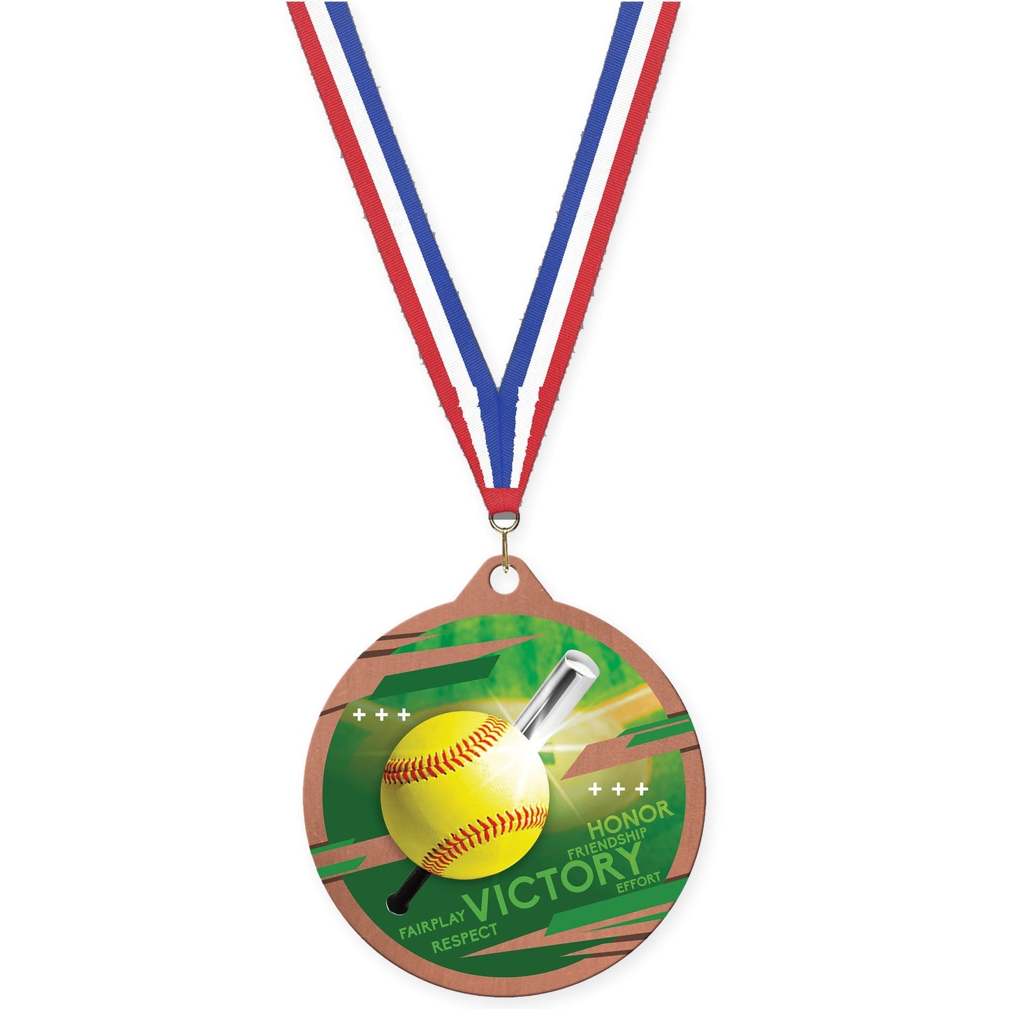 2 3/4 inch softball Inspire medal in bronze with Red White Blue neck ribbon
