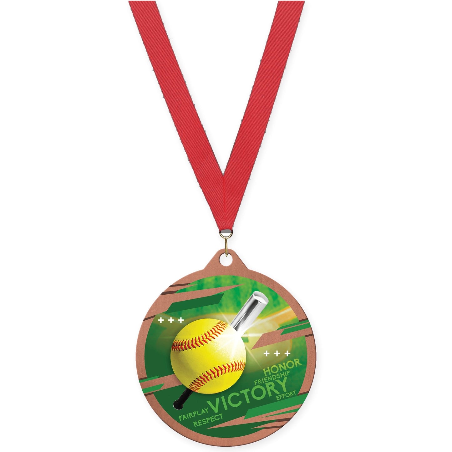 2 3/4 inch softball Inspire medal in bronze with Red neck ribbon