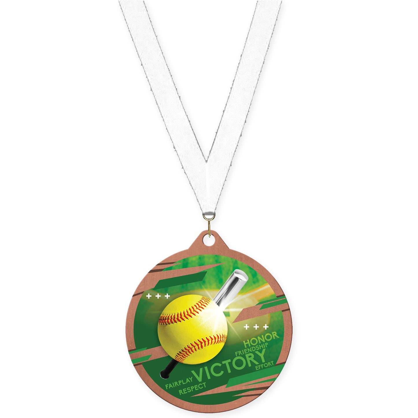 2 3/4 inch softball Inspire medal in bronze with White neck ribbon