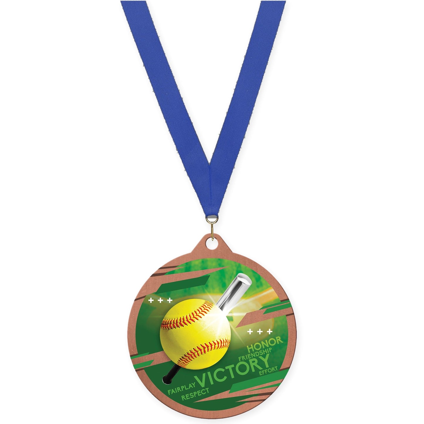 2 3/4 inch softball Inspire medal in bronze with Blue neck ribbon