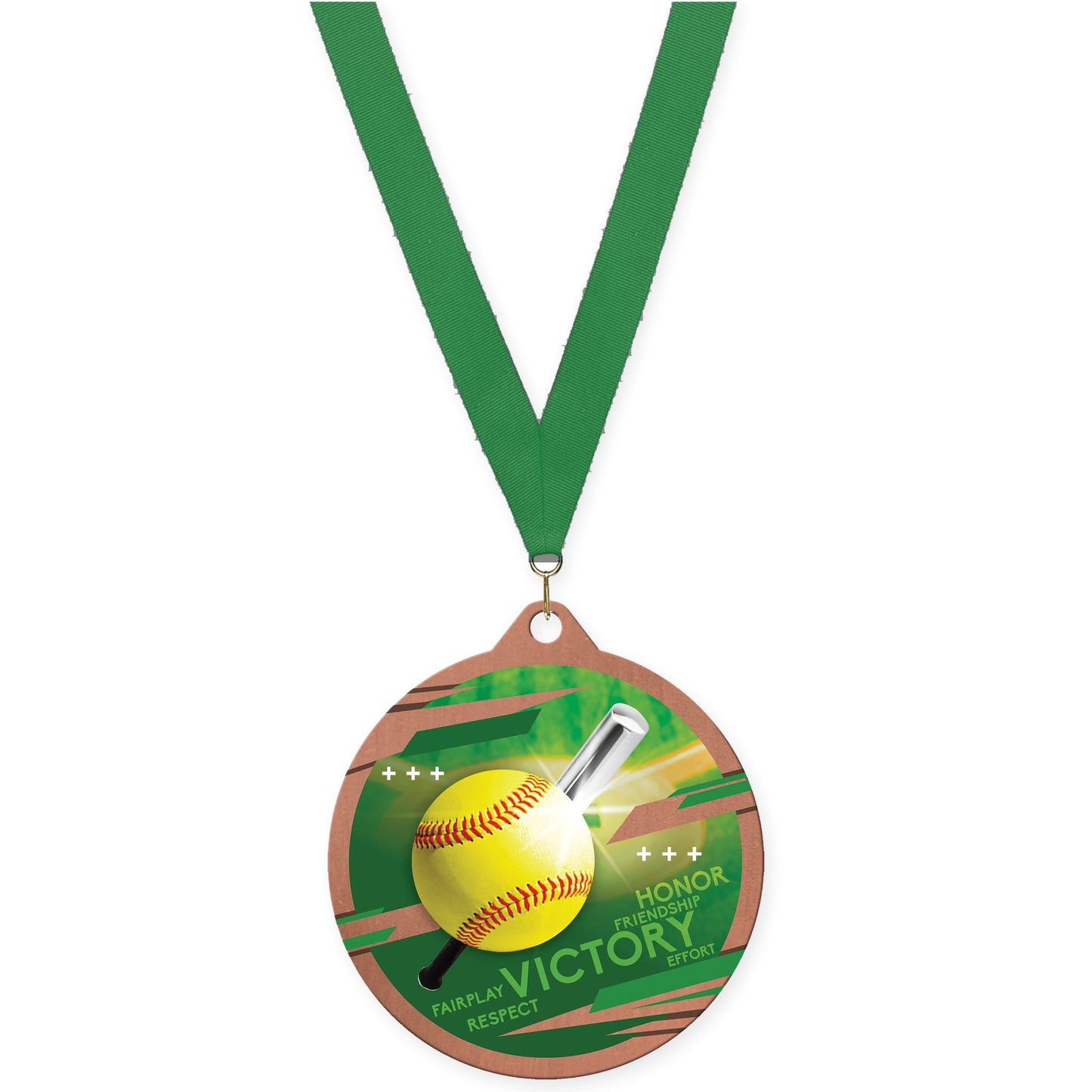 2 3/4 inch softball Inspire medal in bronze with Green neck ribbon