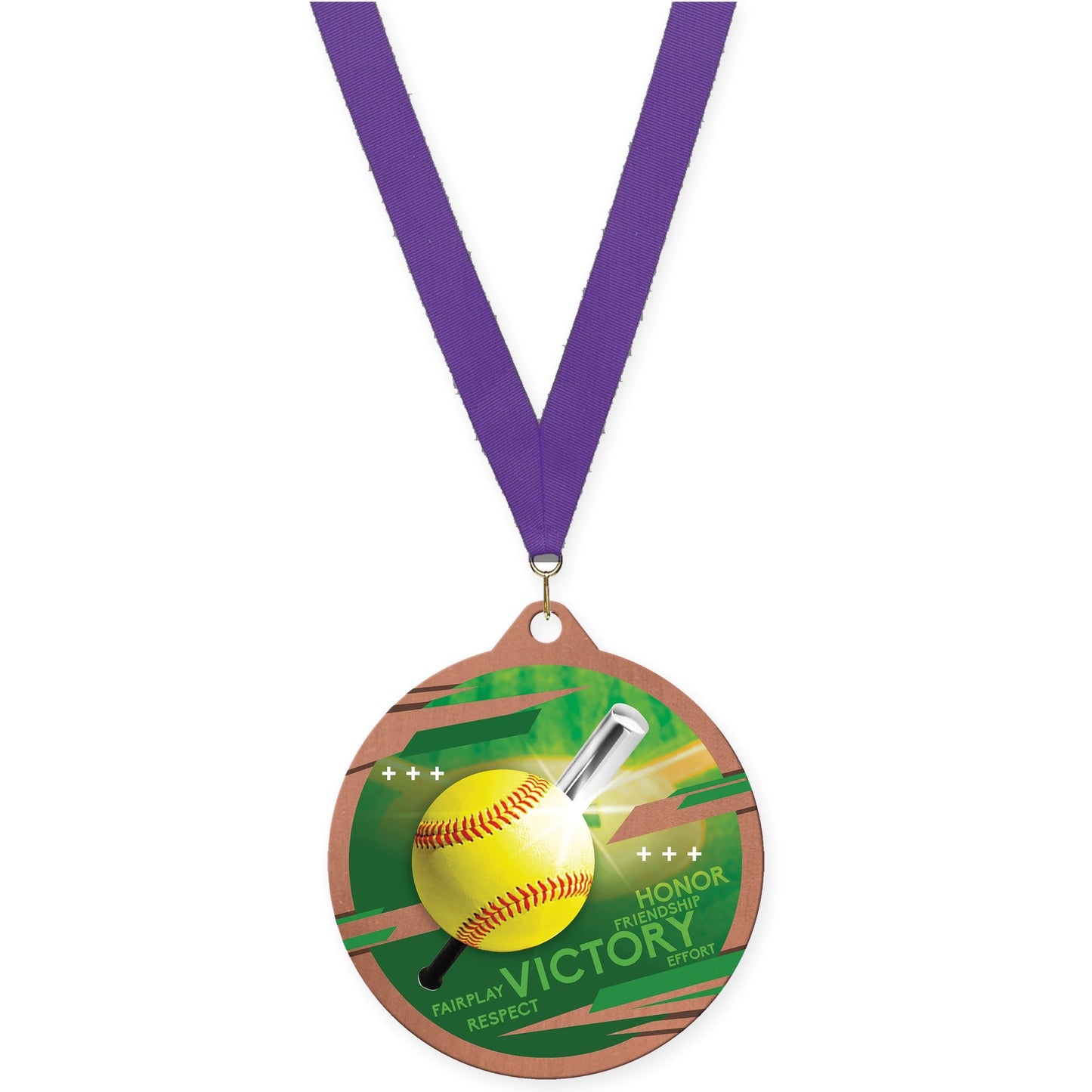 2 3/4 inch softball Inspire medal in bronze with Purple neck ribbon