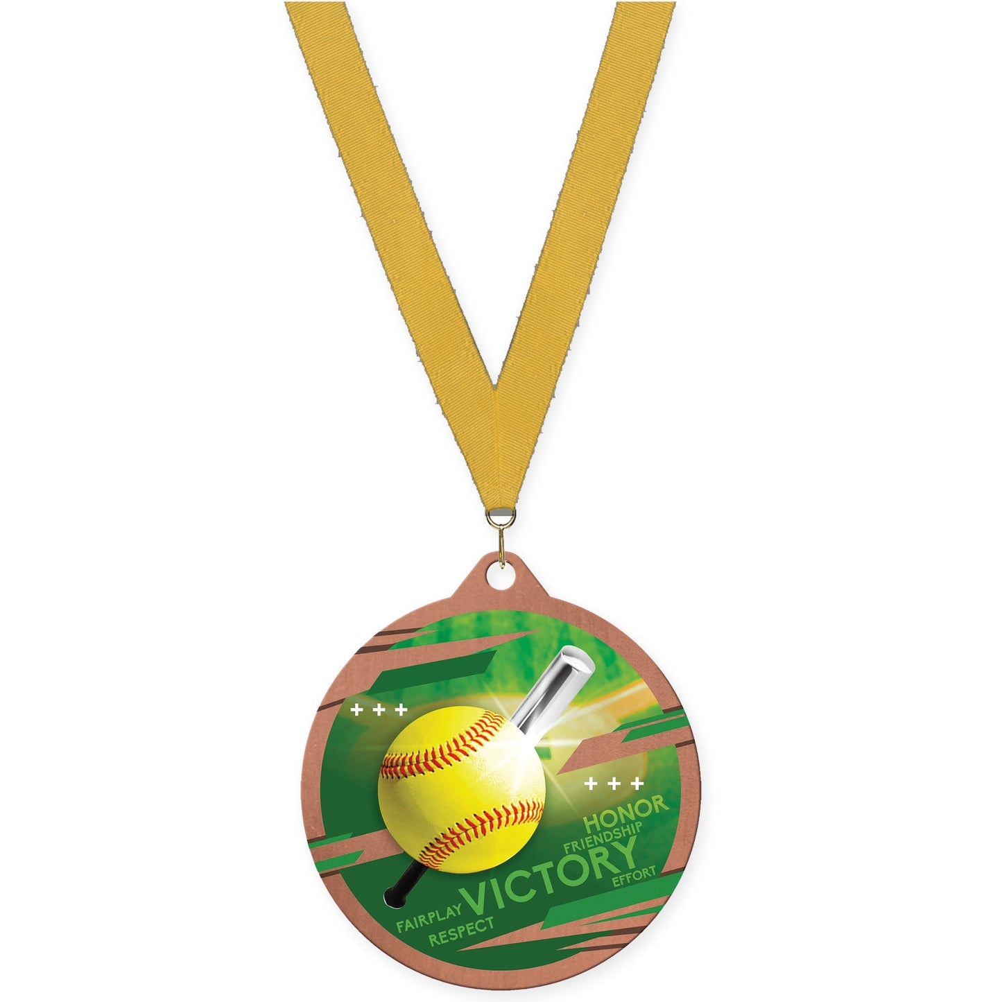 2 3/4 inch softball Inspire medal in bronze with Gold neck ribbon
