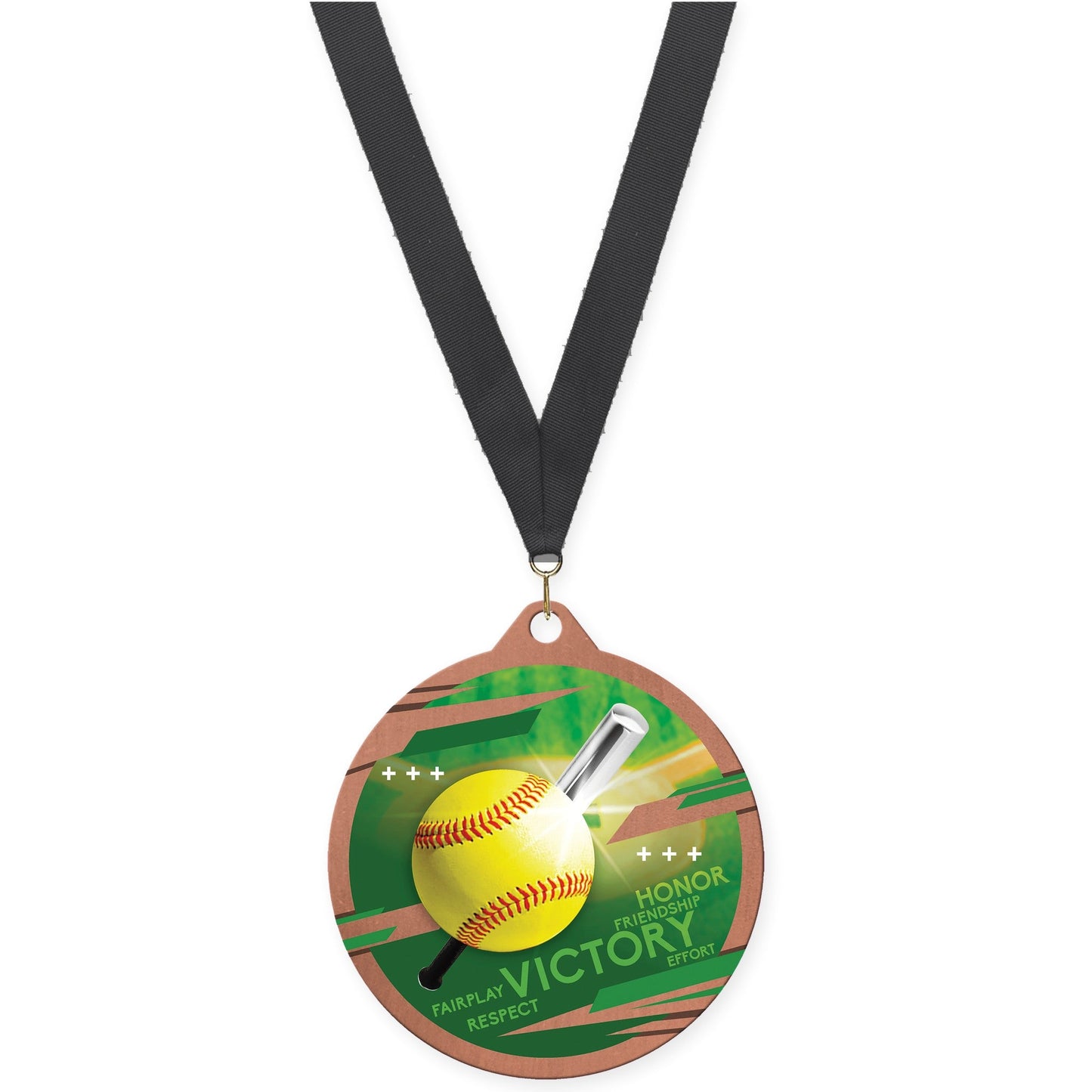2 3/4 inch softball Inspire medal in bronze with Black neck ribbon