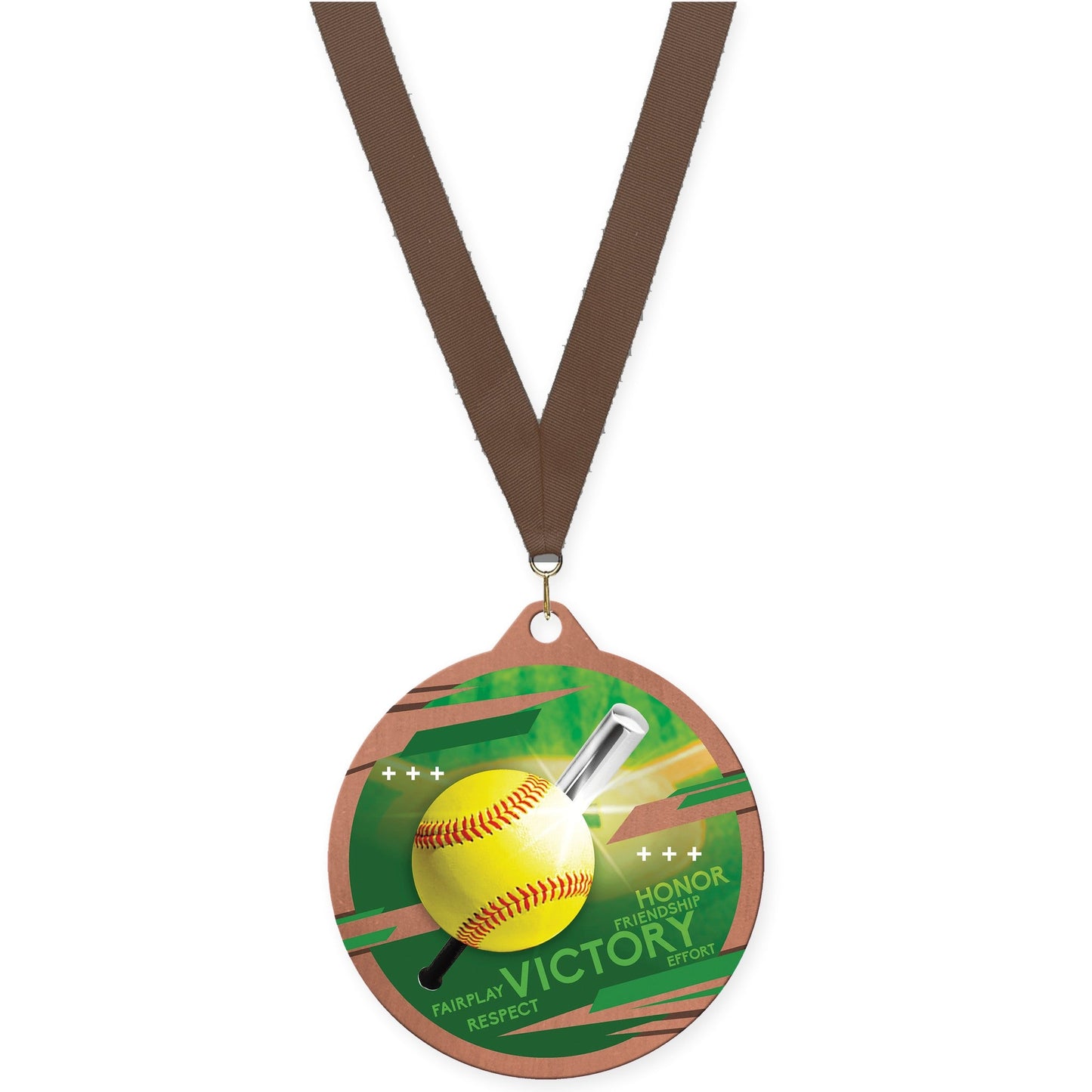 2 3/4 inch softball Inspire medal in bronze with Brown neck ribbon