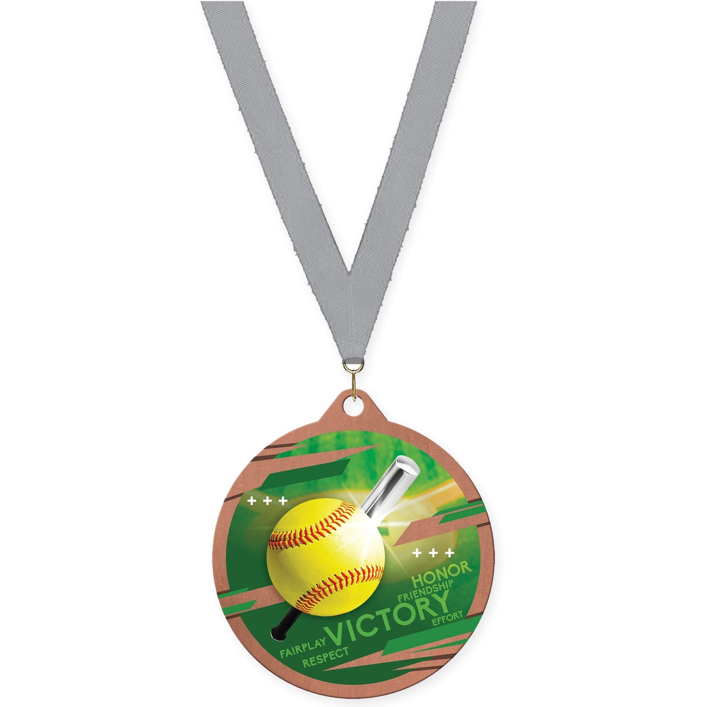 2 3/4 inch softball Inspire medal in bronze with Gray neck ribbon
