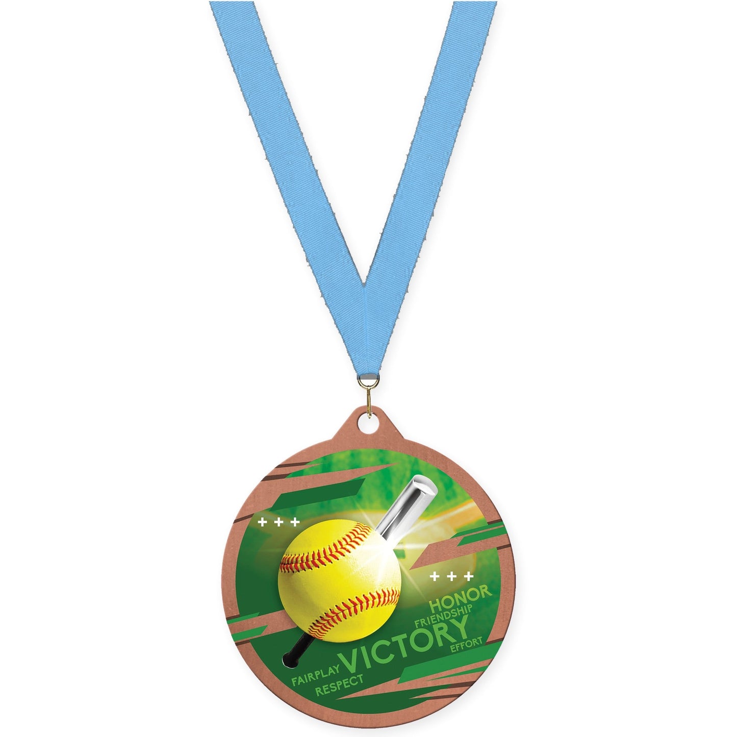 2 3/4 inch softball Inspire medal in bronze with Light Blue neck ribbon