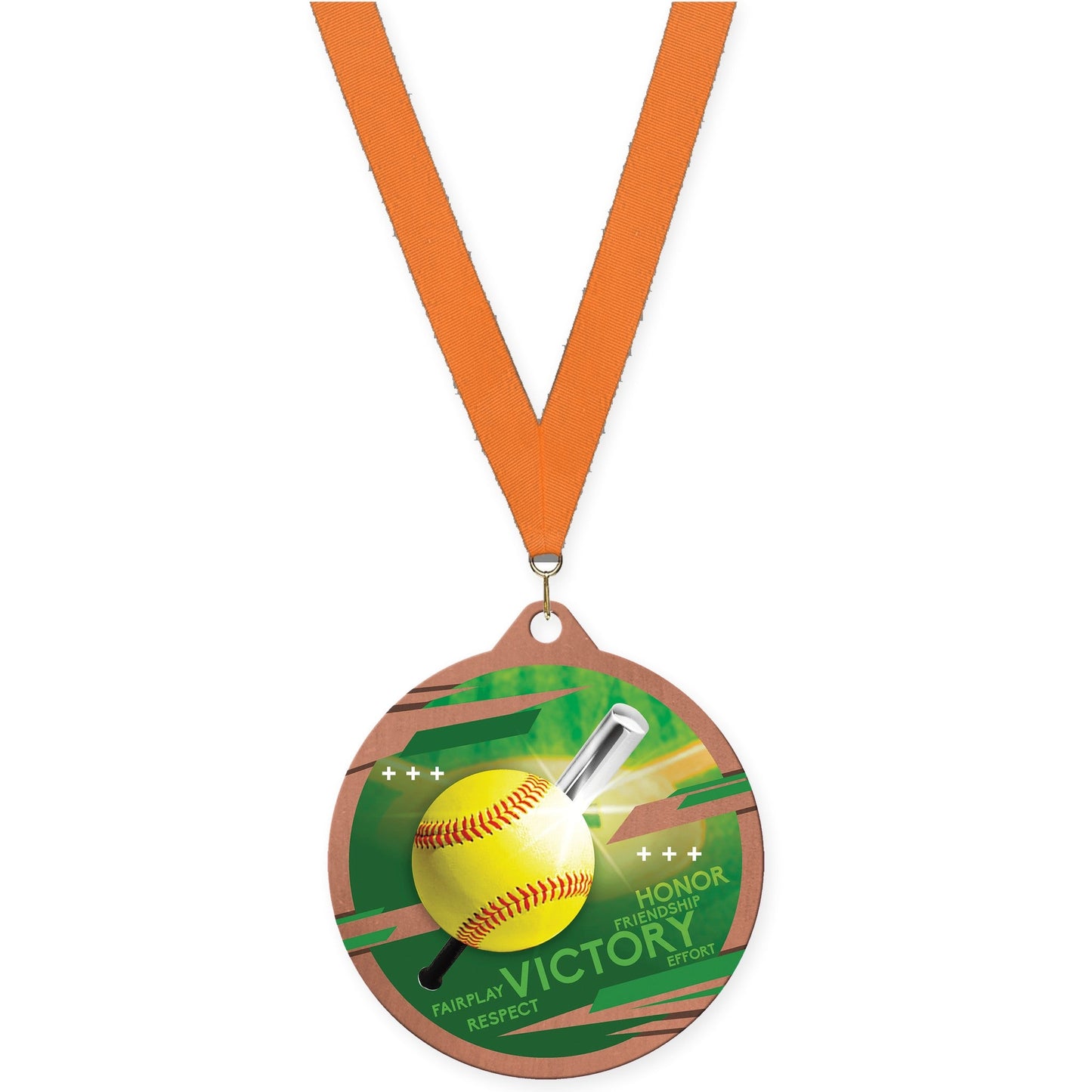 2 3/4 inch softball Inspire medal in bronze with Orange neck ribbon