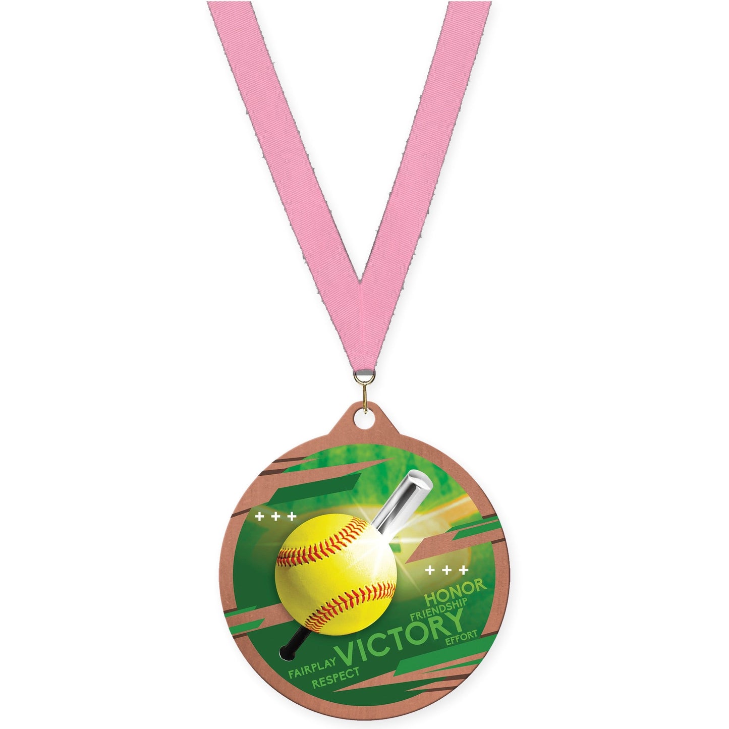 2 3/4 inch softball Inspire medal in bronze with Pink neck ribbon