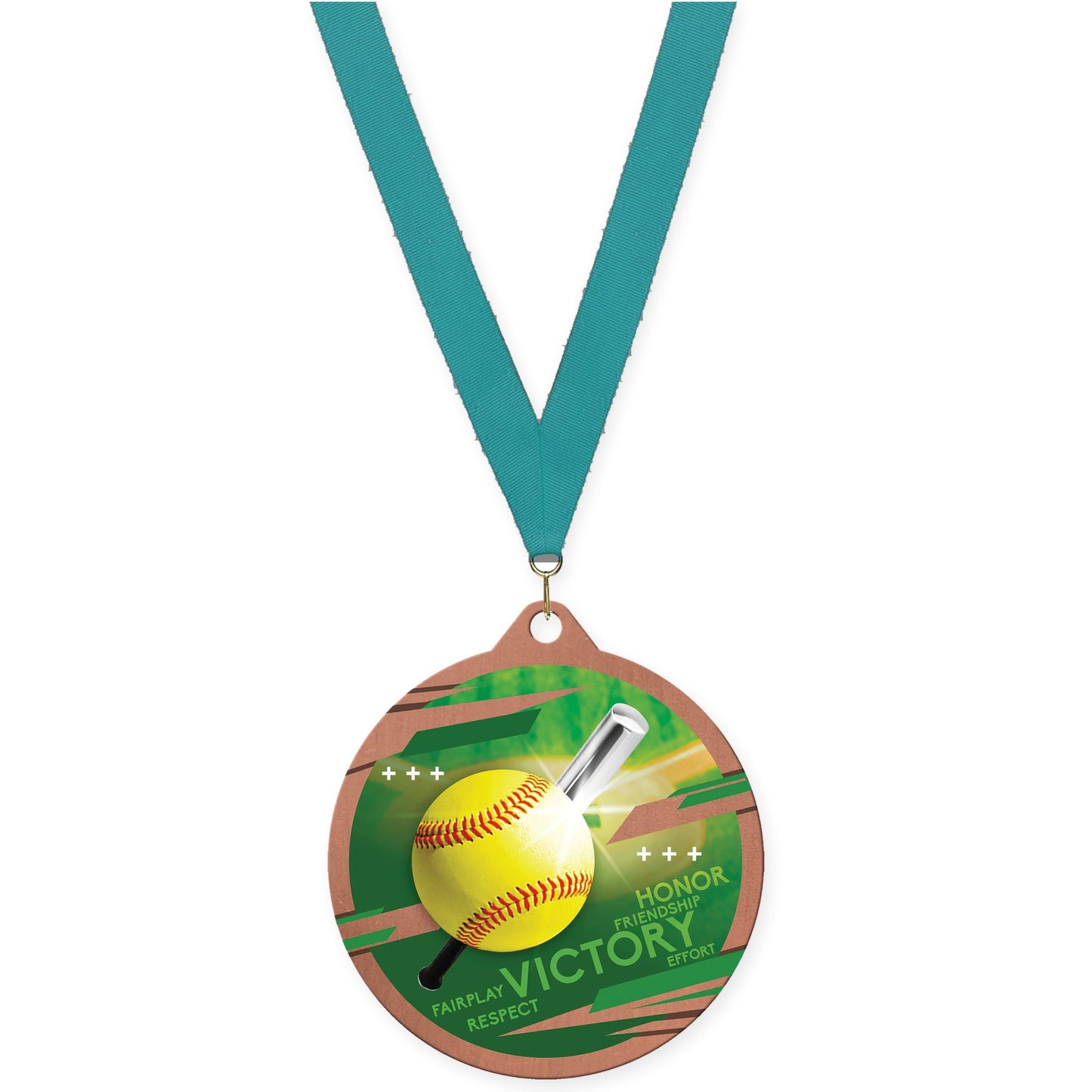 2 3/4 inch softball Inspire medal in bronze with Teal neck ribbon