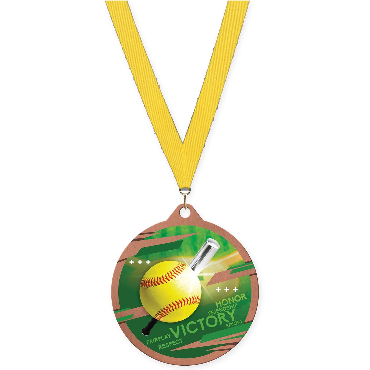 2 3/4 inch softball Inspire medal in bronze with Yellow neck ribbon