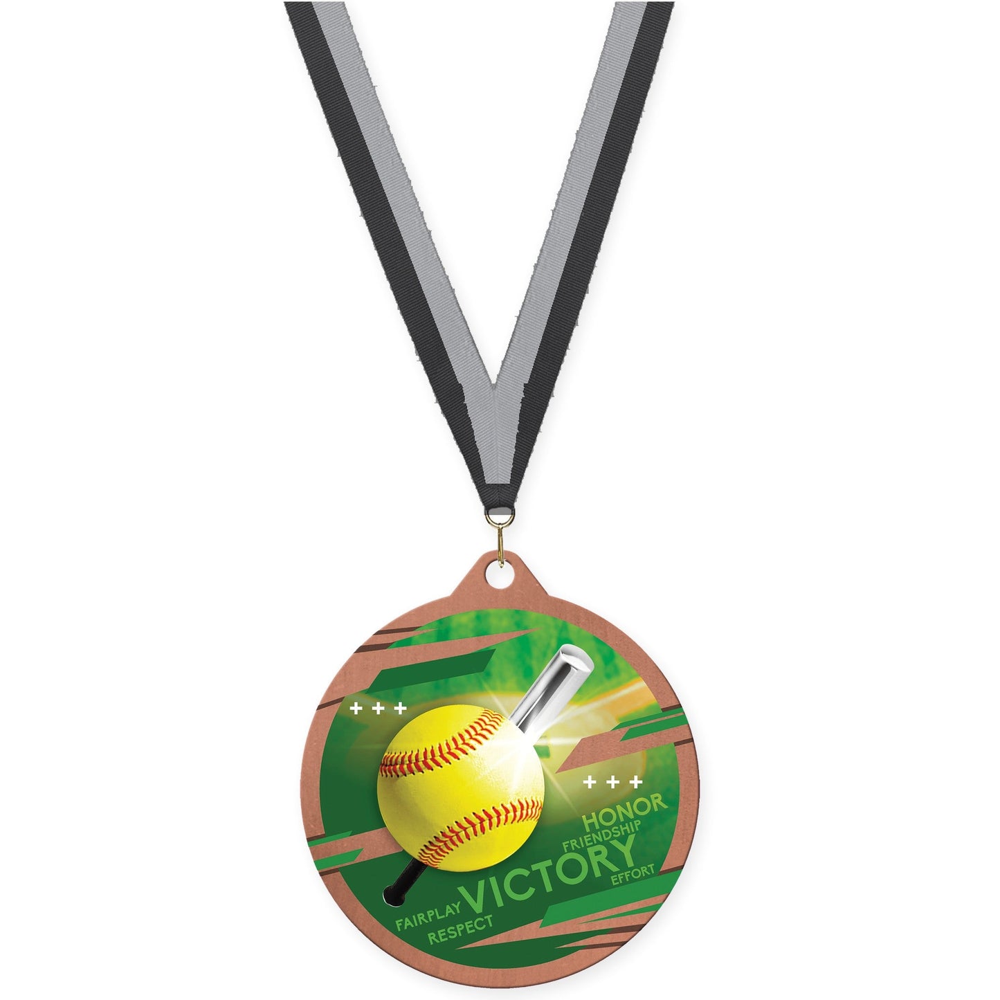2 3/4 inch softball Inspire medal in bronze with Black Gray neck ribbon