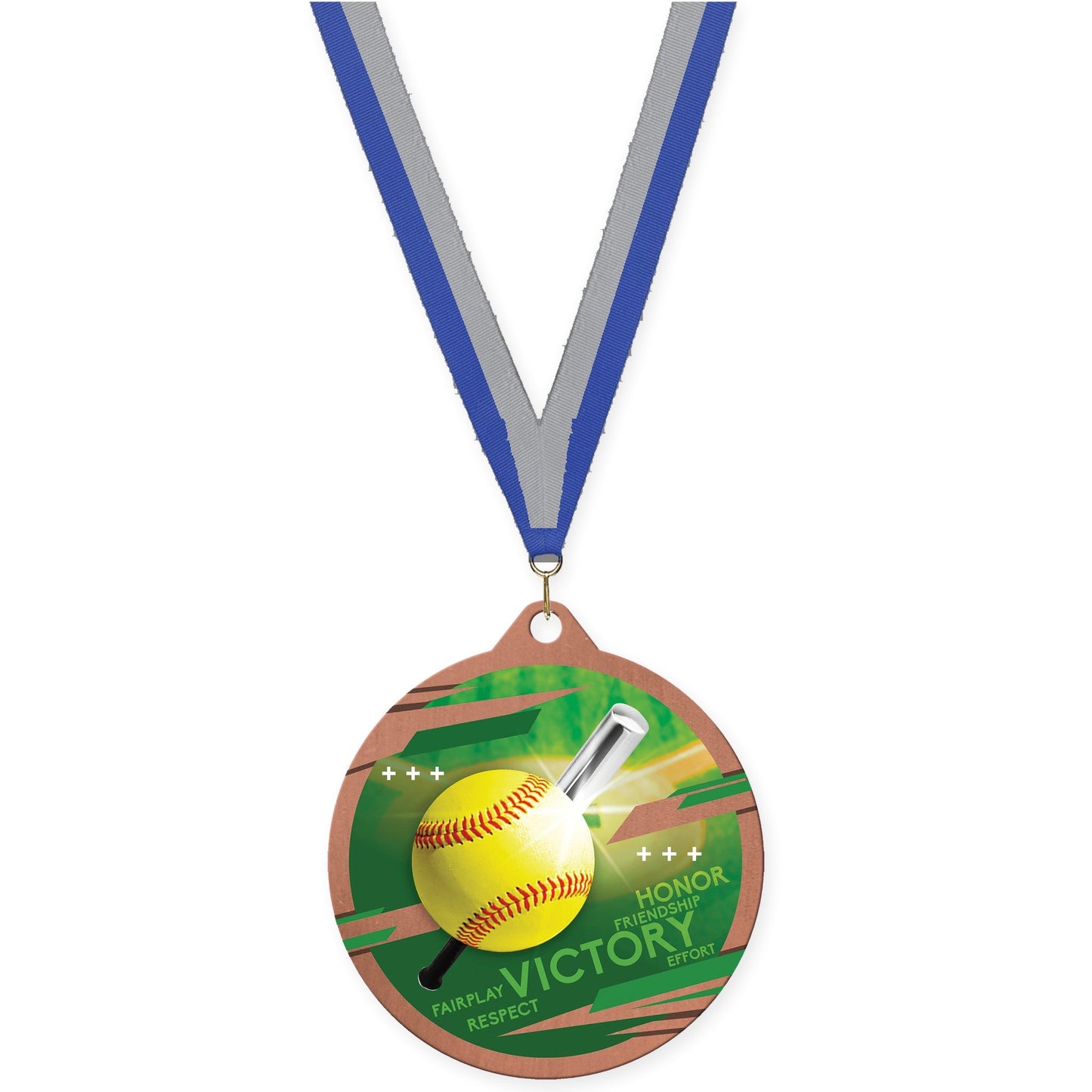 2 3/4 inch softball Inspire medal in bronze with Blue Gray neck ribbon