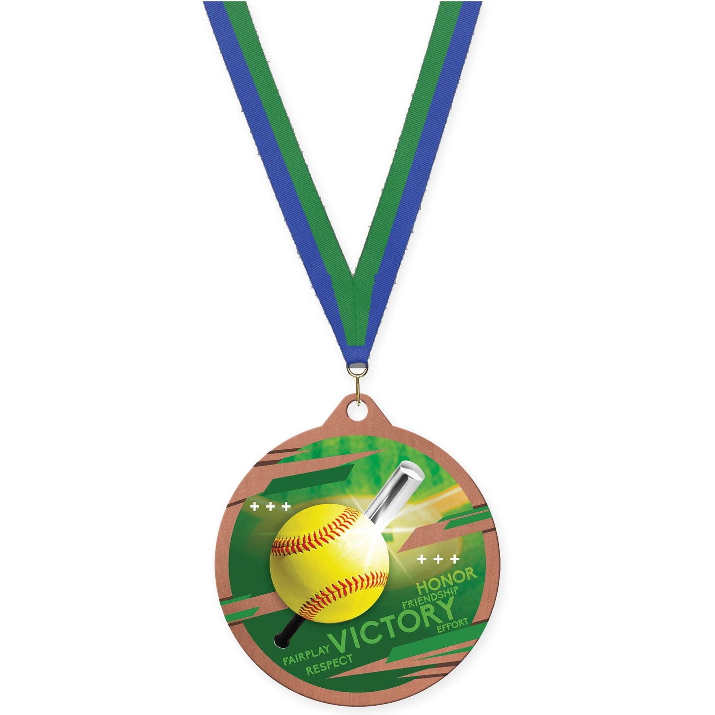 2 3/4 inch softball Inspire medal in bronze with Blue Green neck ribbon