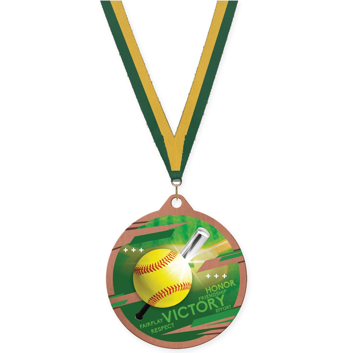 2 3/4 inch softball Inspire medal in bronze with Hunter Green Gold neck ribbon