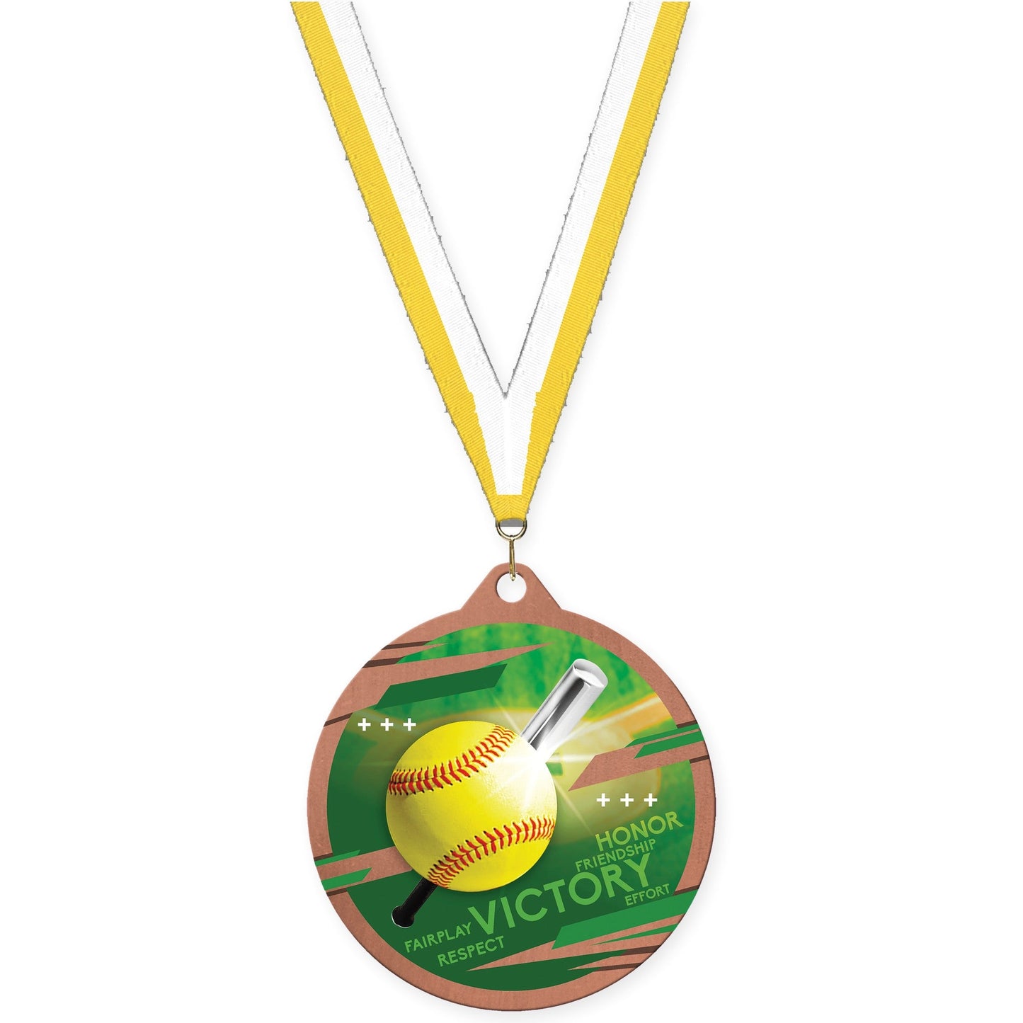 2 3/4 inch softball Inspire medal in bronze with Yellow White neck ribbon
