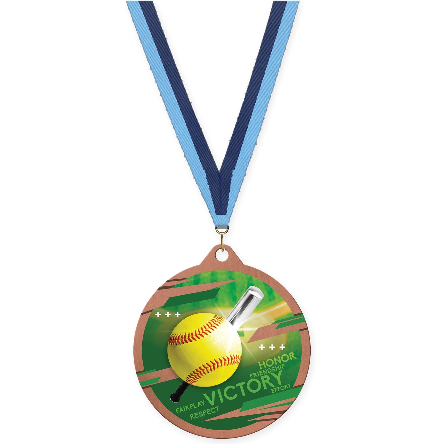 2 3/4 inch softball Inspire medal in bronze with Light Blue Navy neck ribbon