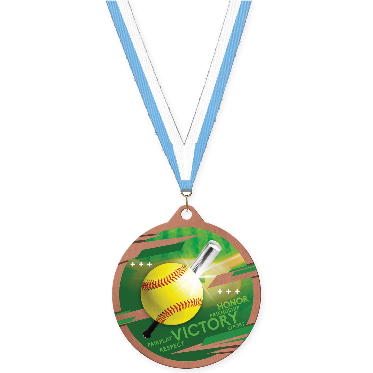 2 3/4 inch softball Inspire medal in bronze with Light Blue White neck ribbon