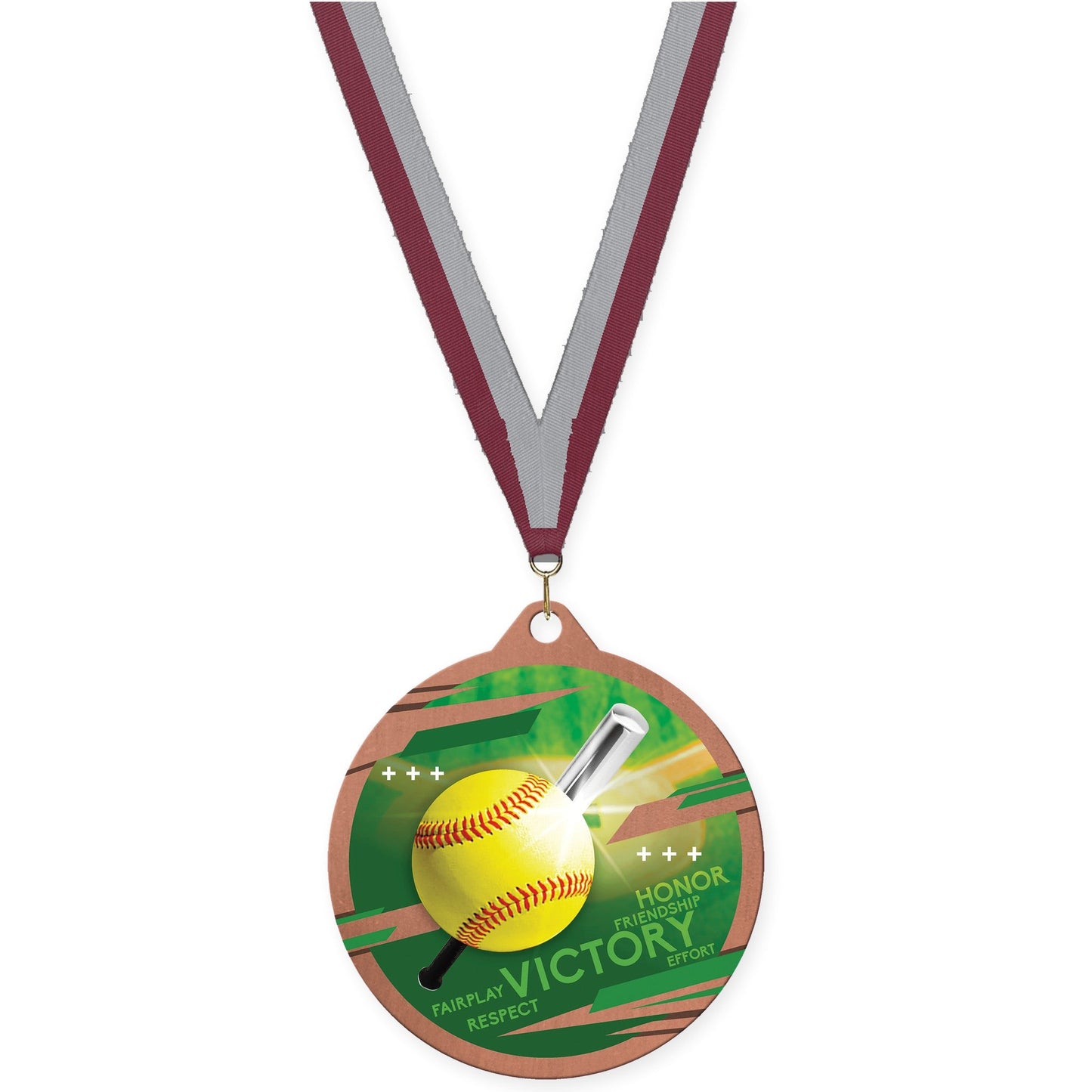 2 3/4 inch softball Inspire medal in bronze with Maroon Gray neck ribbon