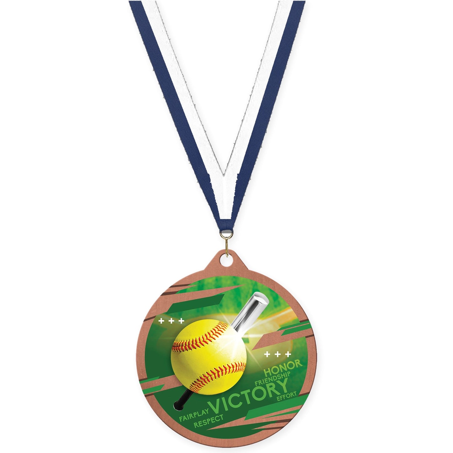 2 3/4 inch softball Inspire medal in bronze with Navy White neck ribbon