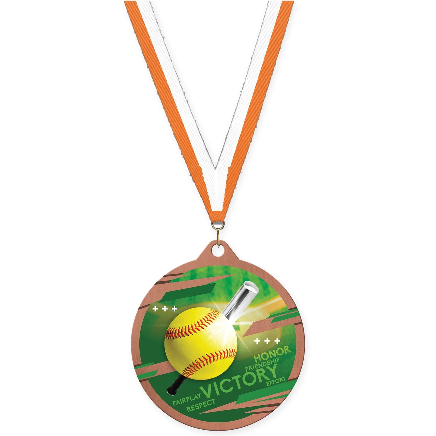 2 3/4 inch softball Inspire medal in bronze with Orange White neck ribbon