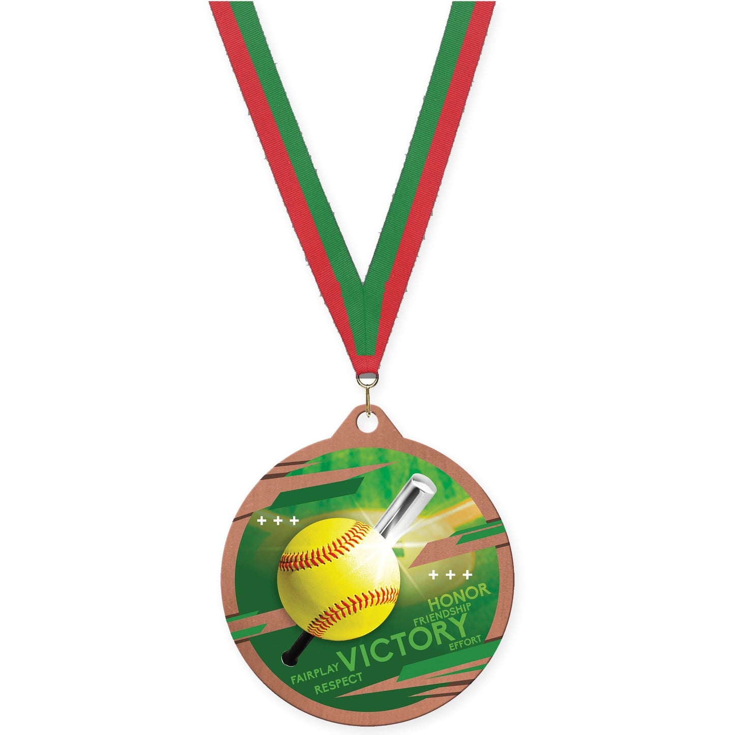 2 3/4 inch softball Inspire medal in bronze with Red Green neck ribbon