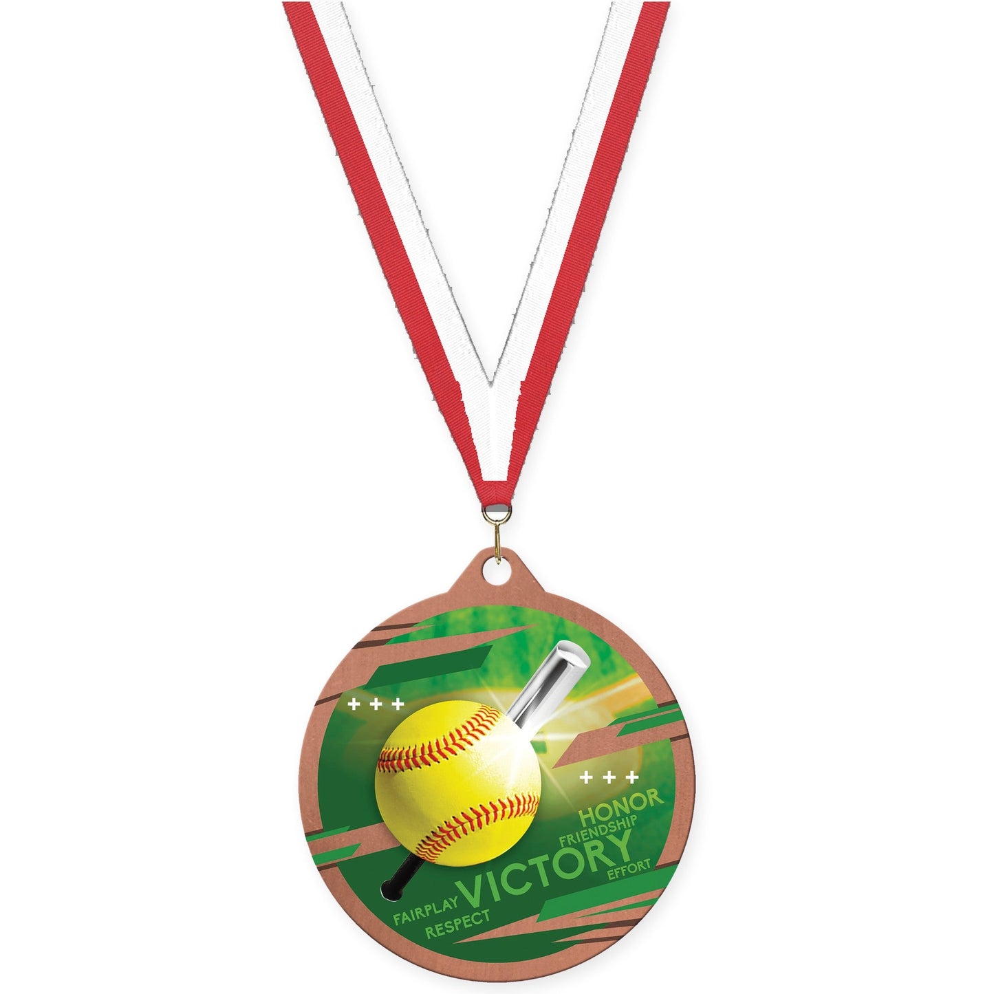 2 3/4 inch softball Inspire medal in bronze with Red White neck ribbon