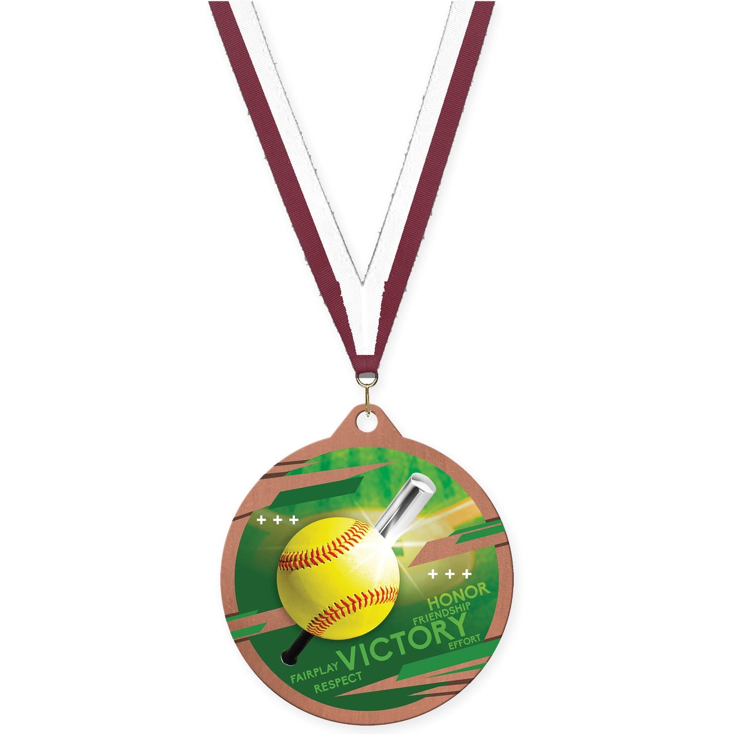 2 3/4 inch softball Inspire medal in bronze with Maroon White neck ribbon
