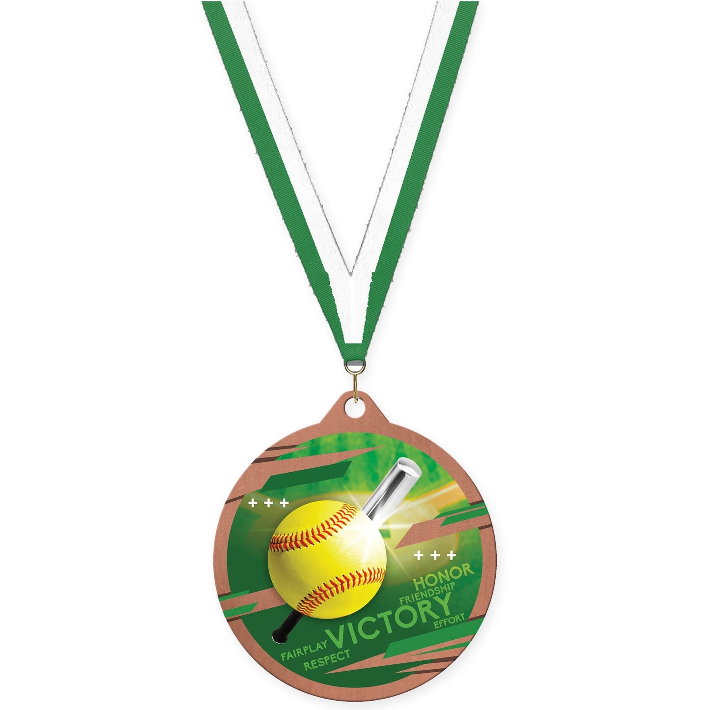 2 3/4 inch softball Inspire medal in bronze with Green White neck ribbon