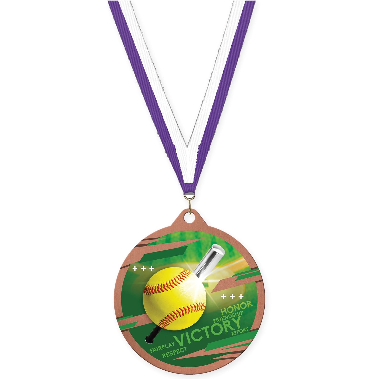 2 3/4 inch softball Inspire medal in bronze with Purple White neck ribbon