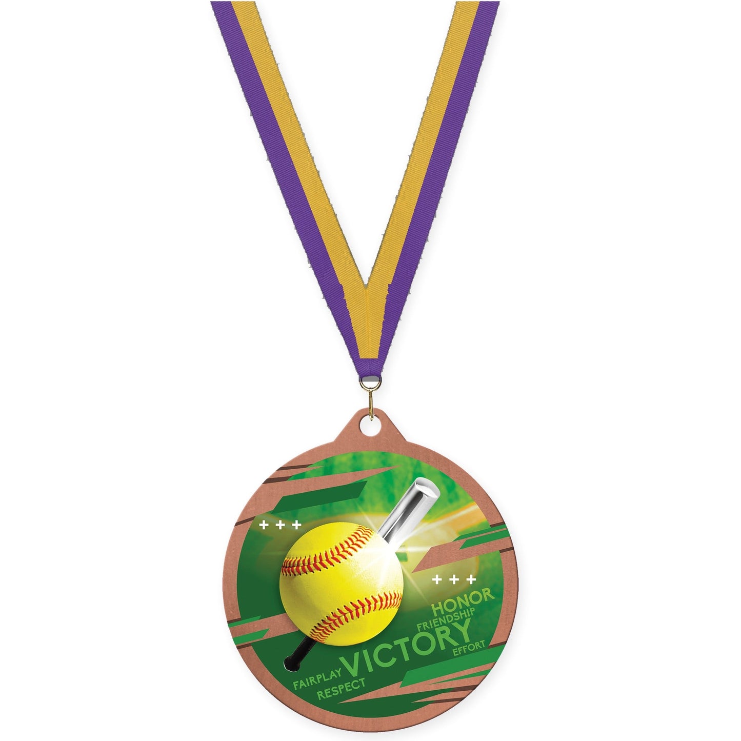 2 3/4 inch softball Inspire medal in bronze with Purple Gold neck ribbon