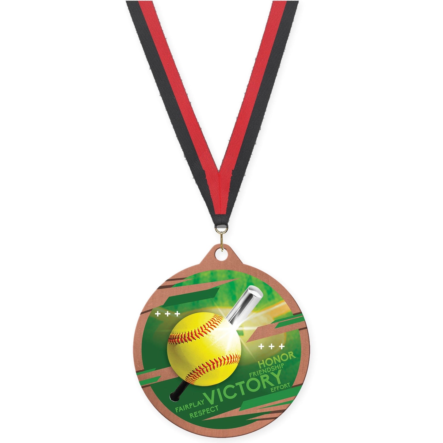 2 3/4 inch softball Inspire medal in bronze with Black Red neck ribbon
