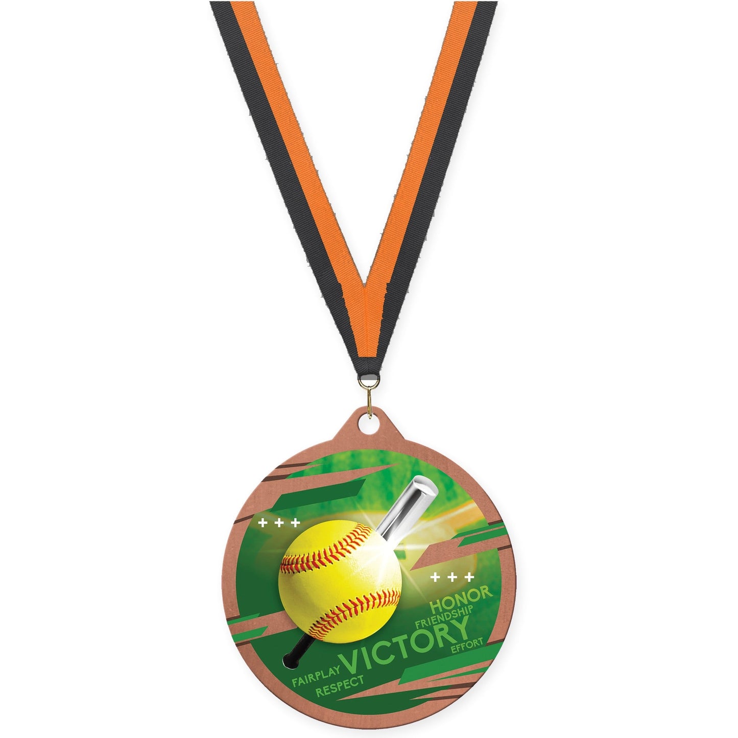 2 3/4 inch softball Inspire medal in bronze with Black Orange neck ribbon