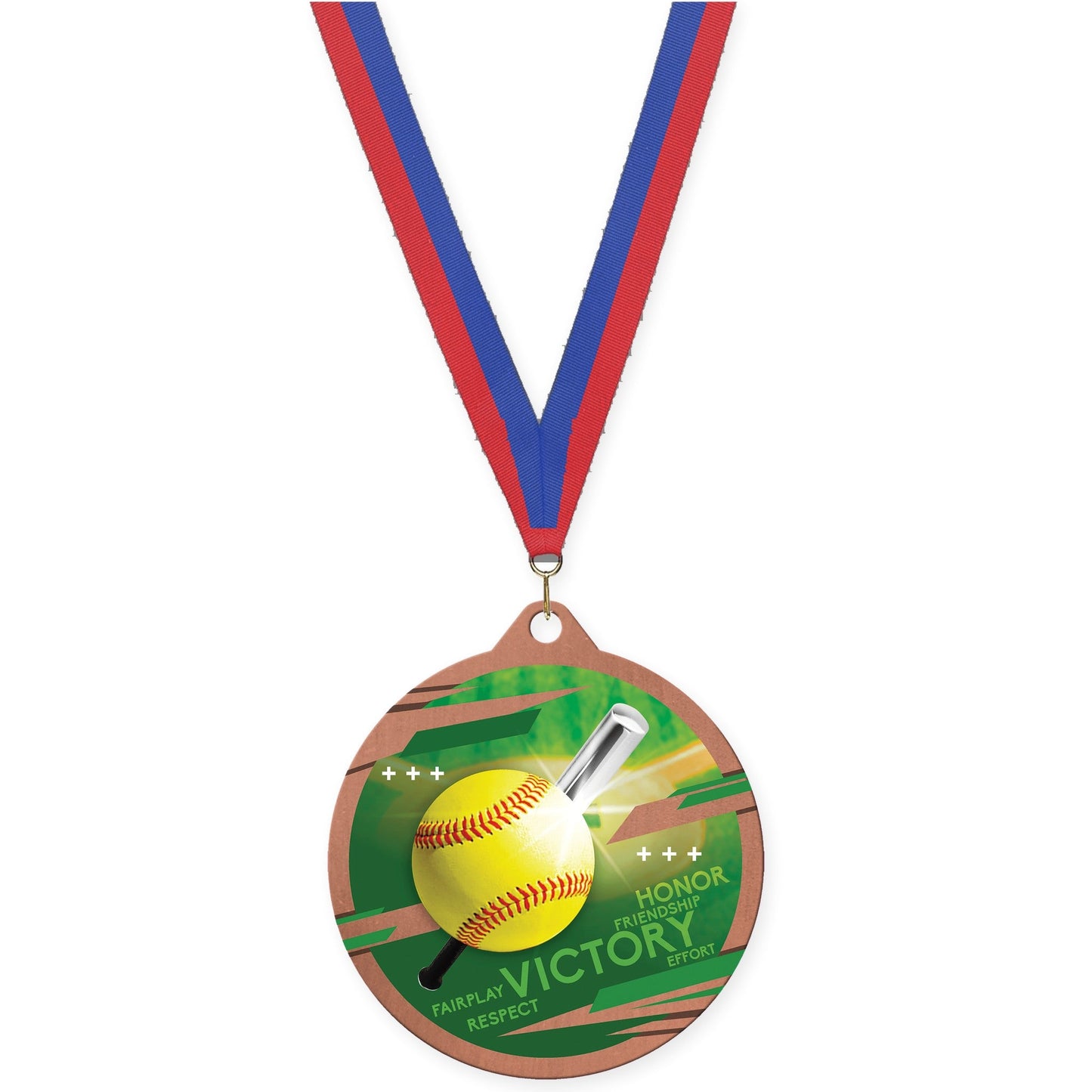 2 3/4 inch softball Inspire medal in bronze with Blue Red neck ribbon